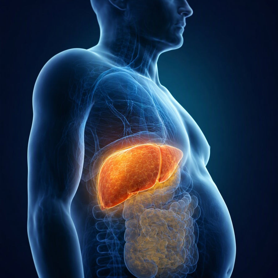 Transparent torso with the overloaded liver highlighted