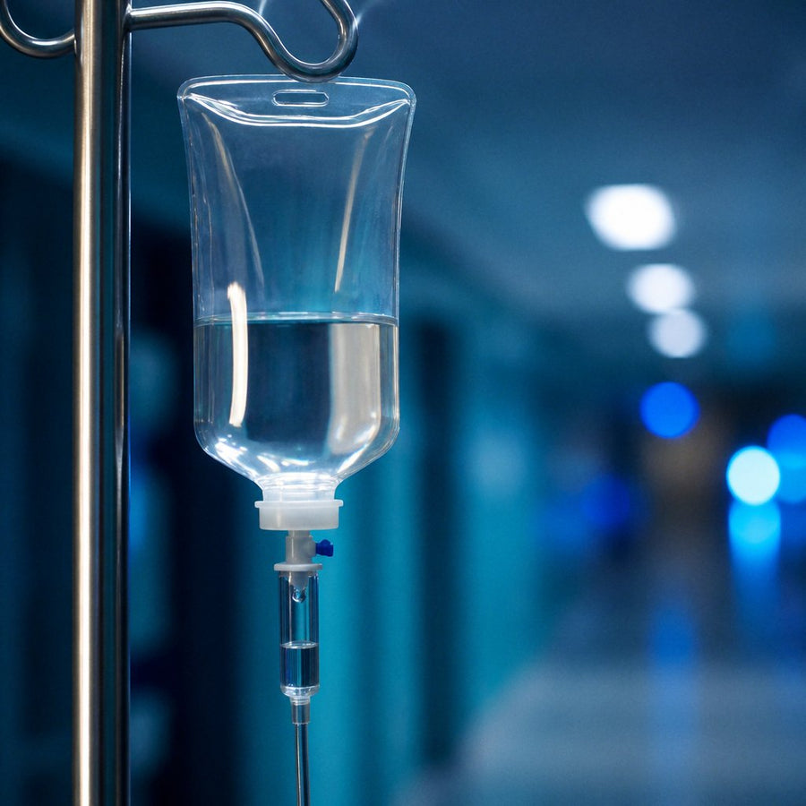 IV drip bag in a hospital corridor