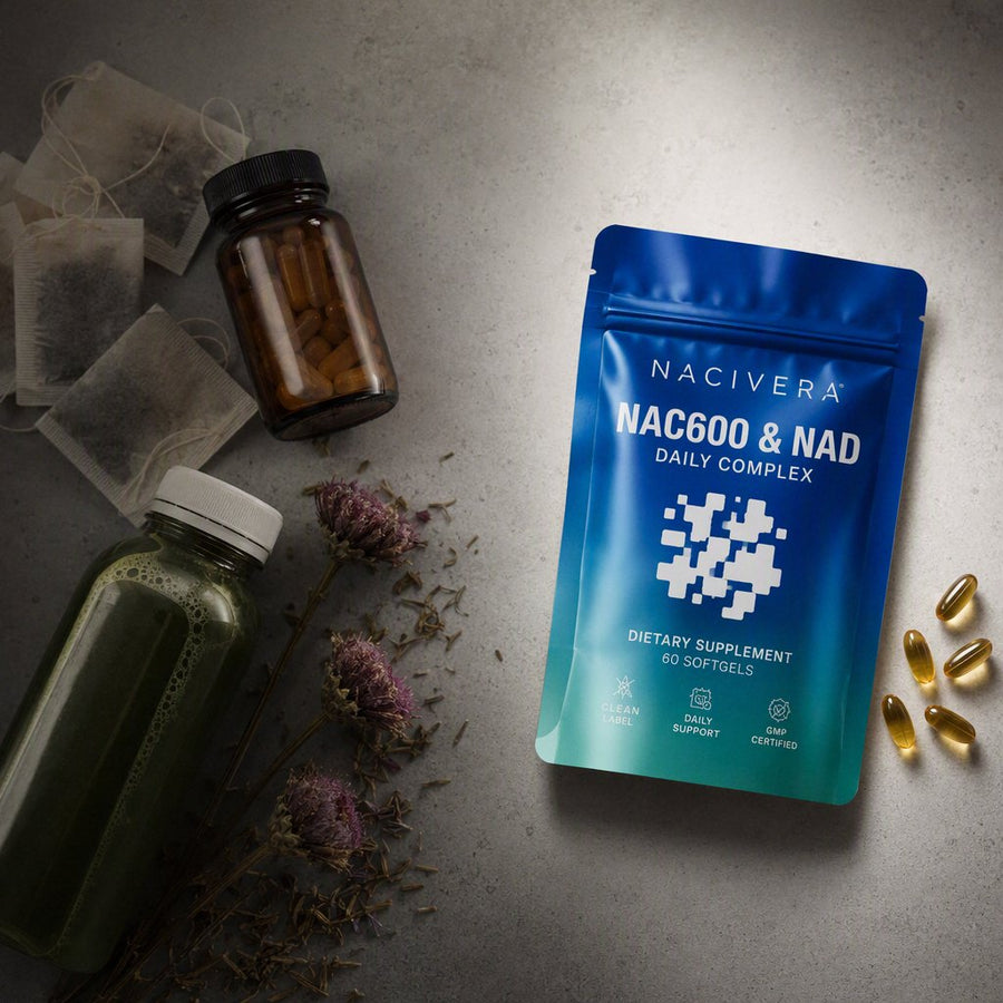 Detox teas, herbal capsules and juice next to the NAC600 pouch