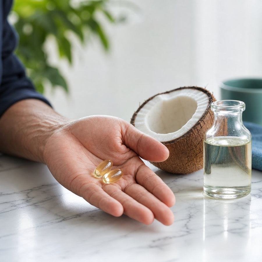 Two softgels in a palm next to coconut and MCT oil