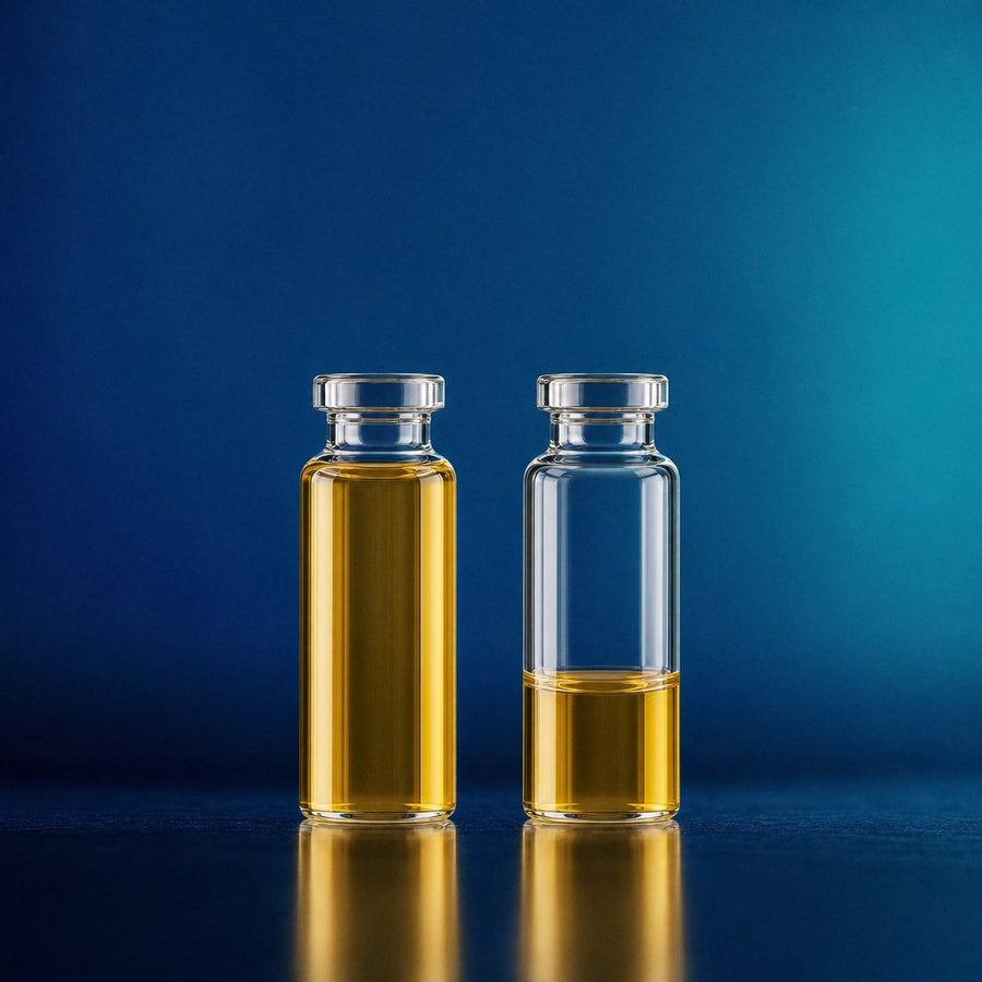 Full vial of 600mg next to a one-third full vial
